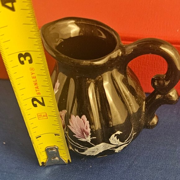Vintage Mini Black Porcelain Purple Pink Flowers Pitcher Vase Vanity - Picture 5 of 5